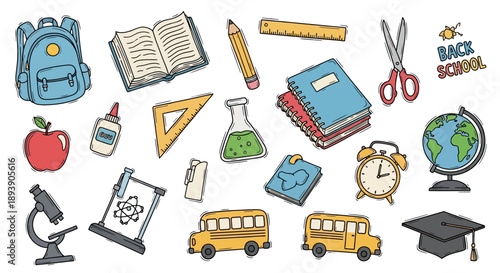 Collection of colorful school supplies and educational items.