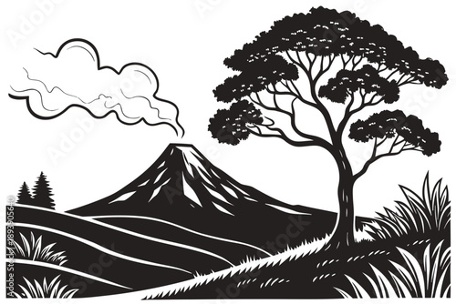 Vector silhouette landscape of volcano mountain with smoke, flat vector illustration, solid black shapes, minimalist silhouette style, clean lines, no shading, isolated on white background