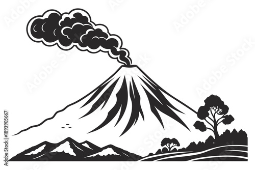 Vector silhouette landscape of volcano mountain with smoke, flat vector illustration, solid black shapes, minimalist silhouette style, clean lines, no shading, isolated on white background