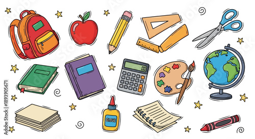 Collection of colorful school supplies and educational items.
