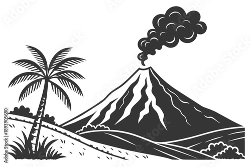 Vector silhouette landscape of volcano mountain with smoke, flat vector illustration, solid black shapes, minimalist silhouette style, clean lines, no shading, isolated on white background