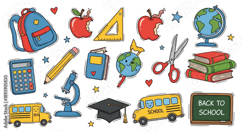 Collection of colorful school supplies and educational items.