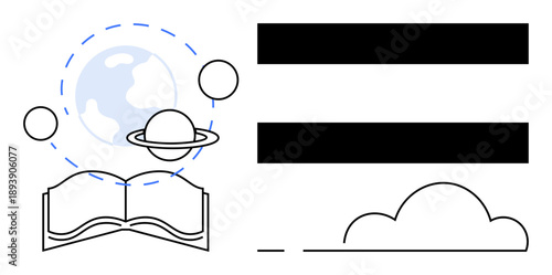 Open book with planets orbiting Earth, bold equality sign, and simple cloud. Ideal for education, knowledge, equality, learning, science diversity global awareness. Simple flat metaphor