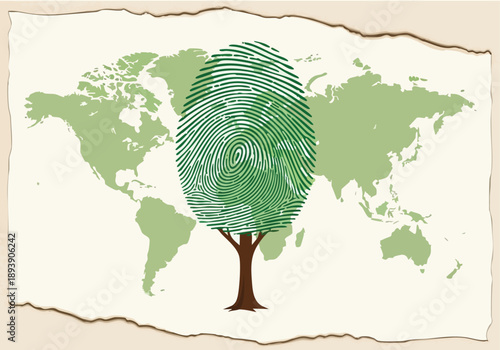 World Map Tree Fingerprint. Nature Conservation Concept. Eco-friendly Earth Symbol. Environmental Protection Graphic.