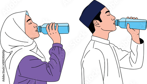 Muslim man and woman drinking water vector illustration with hijab and traditional clothing, hydration concept, healthy lifestyle, and daily routine scene