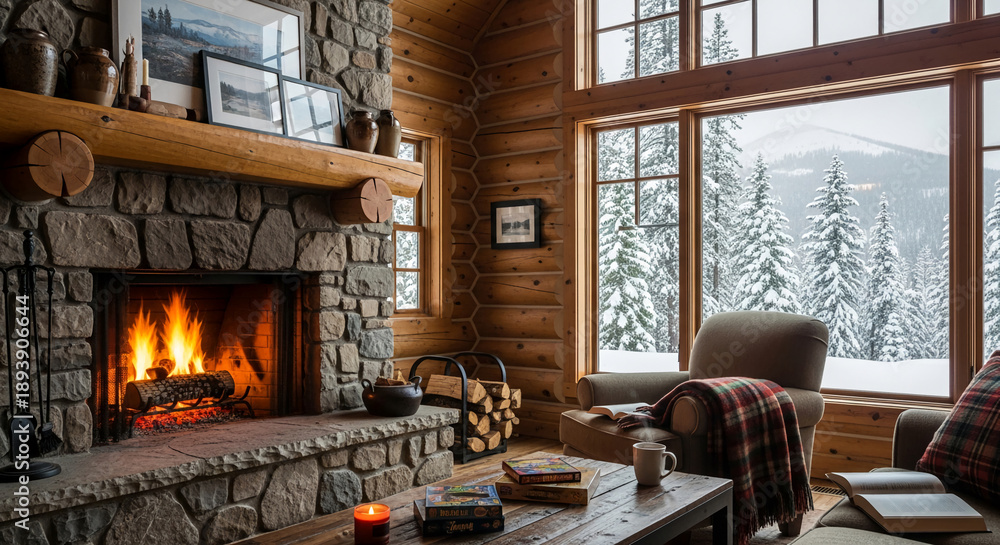 Fototapeta premium Cozy interior featuring stone fireplace with fire, a wood wall cabin, and snowy forest seen through window, showcasing warm and inviting atmosphere