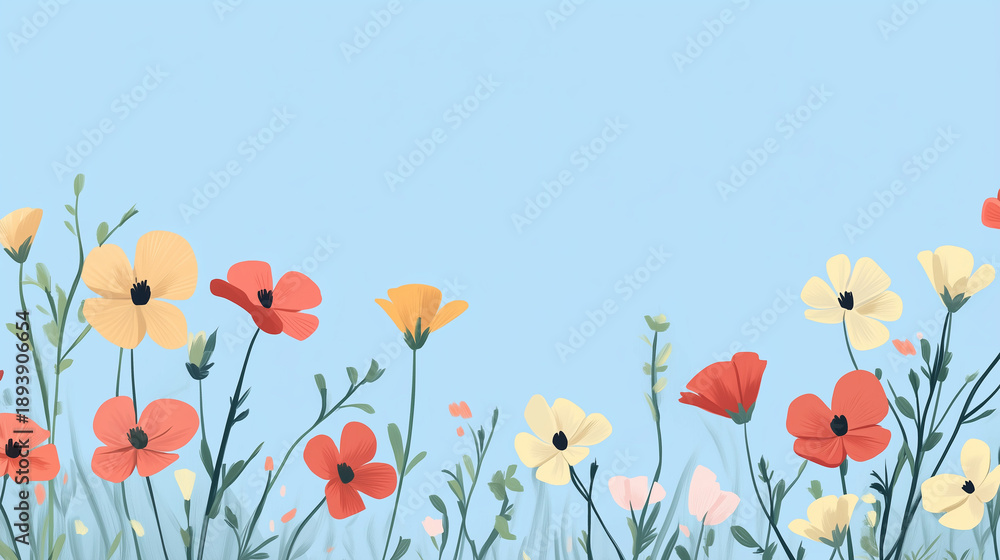 Obraz premium Vibrant wildflowers blooming against a light blue background in a cheerful design