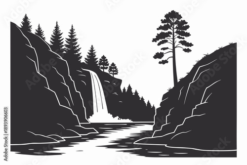 Vector silhouette landscape of waterfall between rocky cliffs, flat vector style, solid black silhouette, clean sharp edges, minimalist design, no gradient, no texture, isolated on white background