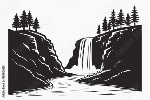 Vector silhouette landscape of waterfall between rocky cliffs, flat vector style, solid black silhouette, clean sharp edges, minimalist design, no gradient, no texture, isolated on white background