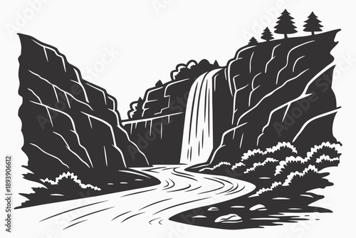 Vector silhouette landscape of waterfall between rocky cliffs, flat vector style, solid black silhouette, clean sharp edges, minimalist design, no gradient, no texture, isolated on white background
