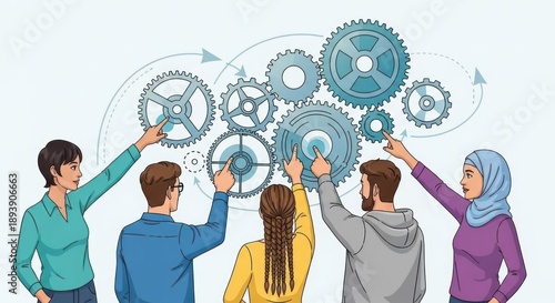 A group of people working together on a project, using gears as a symbol for collaboration and teamwork.