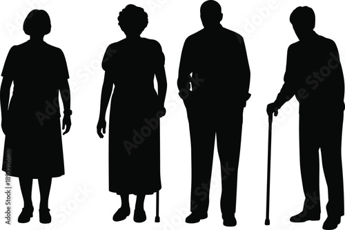 Senior people silhouette collection showing elderly men and women standing and walking with canes, representing aging, retirement, healthcare, independence, support, and old age concept
