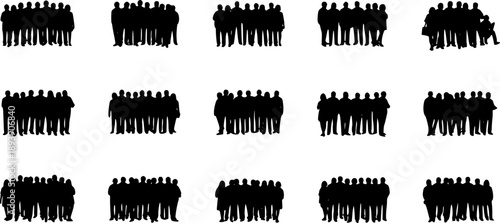 Grid of Nine Black Silhouette Groups of People in Various Formations crowd
