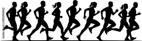 
Row of Male and Female Runner Silhouettes in Motion Keywords: running, runners, athletes, people, silhouettes, male, female, men
