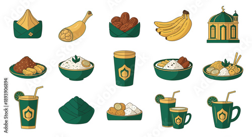 Ramadan Iftar Food Icons Set, Traditional Islamic Meal Illustration for Eid Mubarak