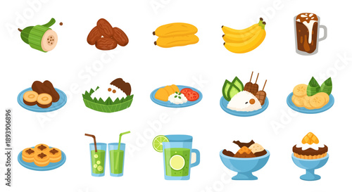 Indonesian Traditional Food and Ramadan Iftar Menu Icon Set