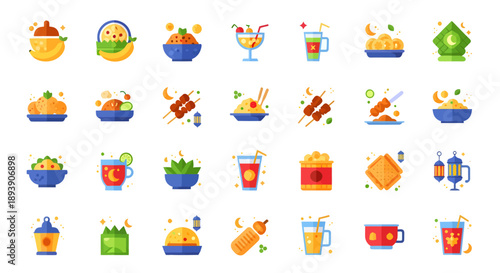 Colorful Ramadan and Eid Mubarak Food Icons Set in Flat Design Style