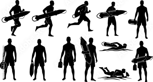 Collection Of Lifeguard Silhouettes In Various Poses With Rescue Buoys vector illustration
