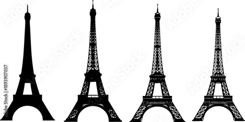 Four Eiffel Tower Silhouettes with Varying Levels of Detail on White Background Keywords: eiffel tower, paris, france, landmark
