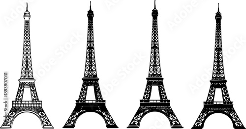 Four Eiffel Tower Silhouettes with Varying Levels of Detail on White Background Keywords: eiffel tower, paris, france, landmark
