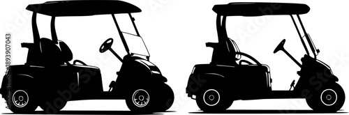 Two Golf Cart Silhouettes Side by Side on White Background Keywords: golf, cart, vehicle, transportation, sport, recreation
