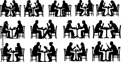 Silhouettes of people sitting at tables in cafes and restaurants chairs
