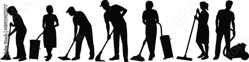 Silhouette of professional cleaning staff using vacuum cleaners and mops, janitorial service workers in different poses isolated on white background, housekeeping and sanitation concept