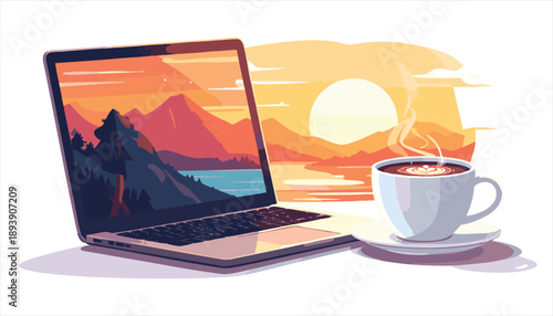 vector Laptop and Coffee Cup at Sunrise