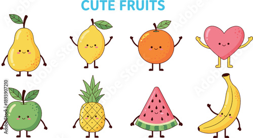 Cute fruit character vector set with pear, lemon, orange, apple, pineapple, watermelon, banana, and kawaii cartoon food illustrations
