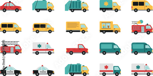 Vehicle vector set with cars, trucks, buses, ambulances, garbage trucks, police cars, delivery vans, and colorful transportation illustrations