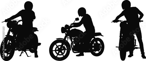 Silhouette of three motorcyclists riding classic motorcycles, minimalist black biker shapes isolated on white background, transportation, freedom, adventure, vintage motorbike lifestyle concept