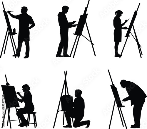 Silhouettes of artists painting on easels illustrating creativity, fine art practice, drawing skills, art education, studio workflow, and creative people isolated on white background