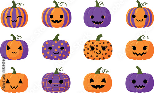 Cute Halloween pumpkin character vector set with spooky jack o lantern faces, colorful festive gourds, and playful cartoon autumn illustrations