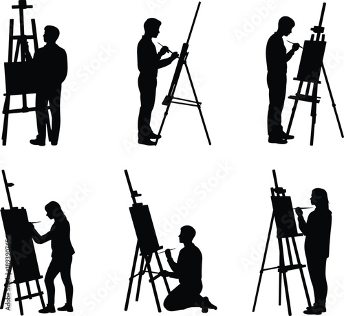 Silhouettes of artists painting on easels showing creativity, fine art practice, art education, studio workflow, traditional painting skills isolated on white background