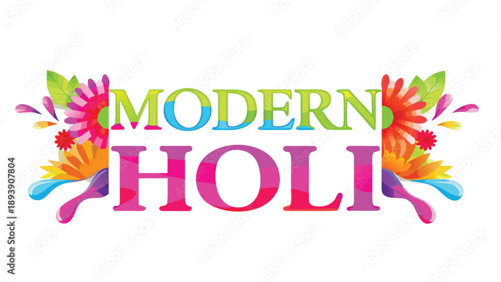 Fototapeta premium Vibrant modern holi festival composition with colorful splashes and floral elements on white background