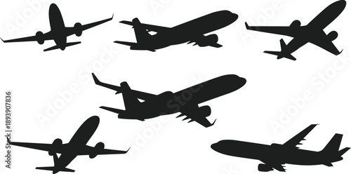 Silhouettes of commercial airplanes in flight illustrating aviation travel, air transport, modern airline industry, flying aircraft shapes isolated on white background vector illustration