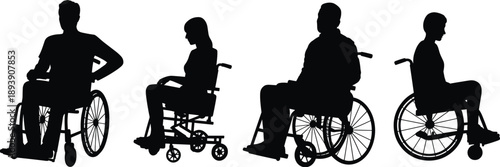 Silhouettes of diverse people using wheelchairs representing disability inclusion, rehabilitation, mobility aids, and inclusive healthcare concepts isolated on white background studio illustration