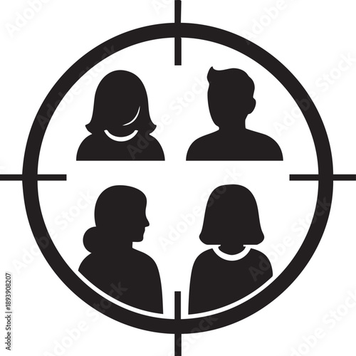 Black silhouettes of four people in a crosshair circle