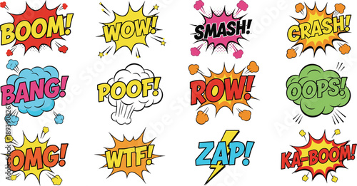 Collection Of Twelve Comic Book Style Sound Effect Speech Bubbles With Words explosion
