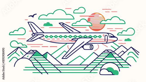 Minimalist line art illustration of an airplane flying over mountains at sunrise isolated on transparent background, Vector