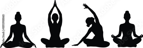 Yoga and meditation silhouette set of women practicing seated poses, stretching, mindfulness, relaxation, balance, harmony, wellness, healthy lifestyle, spiritual calm, and inner peace concept
