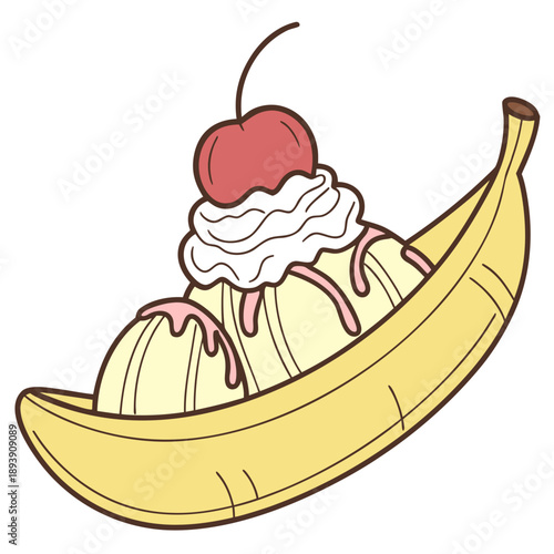 Delicious banana split with whipped cream and cherry