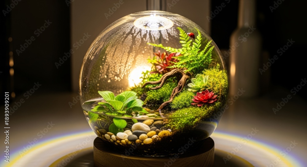 Fototapeta premium Vibrant Miniature Terrarium with Lush Plants, Ladybug, and Warm Light on a Wooden Base