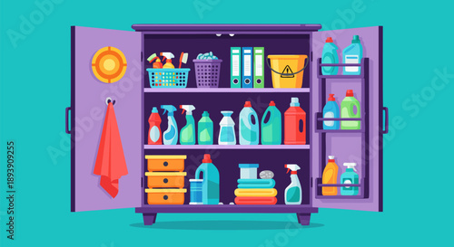 Bright vector illustration of a fully stocked utility cabinet, brimming with essential cleaning products and organized supplies