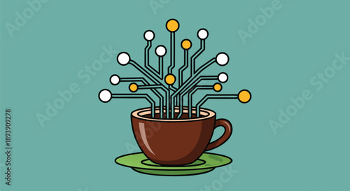 Digital Innovation Brew A Thought-Provoking Vector Illustration of Technology Emerging from a Coffee Cup, Symbolizing Ideas and Connectivity