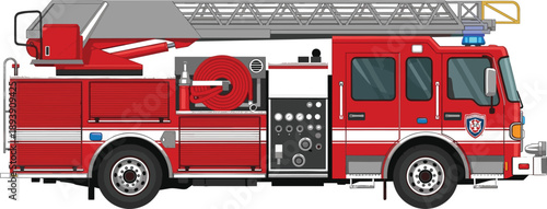 Detailed illustration of a red fire truck with a ladder and equipment on white background Keywords: fire truck, fire engine, fire