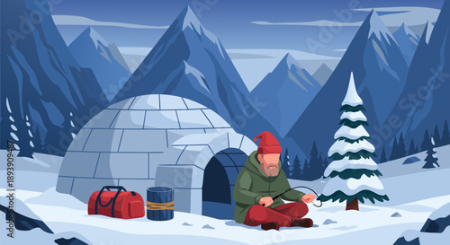 Winter adventure vector illustration of a man ice fishing next to an igloo in a serene snowy mountain landscape, depicting a peaceful arctic scene