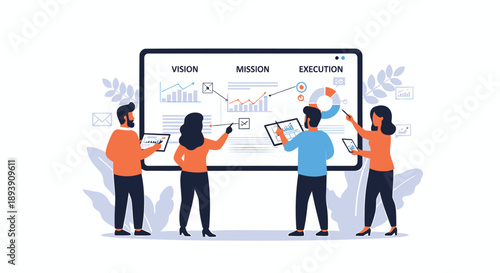 Vector illustration of business team analyzing data on large screen