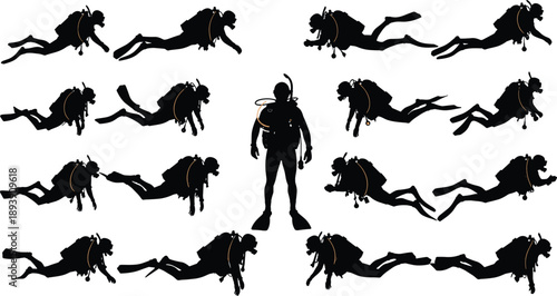 Collection, of, black, silhouettes, featuring, various, scuba, divers, swimming, underwater, in, gear, for, ocean, diving, marine, sports, exploration, and, design.