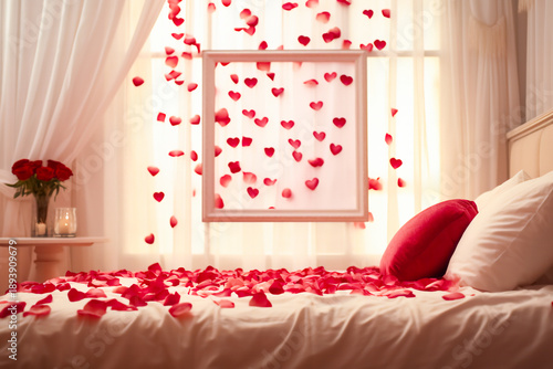 Scarlet petals in the shape of hearts fall from top to bottom and decorate the bed in a romantic bedroom. Reviving and preparing for Valentine's Day, interior design for love